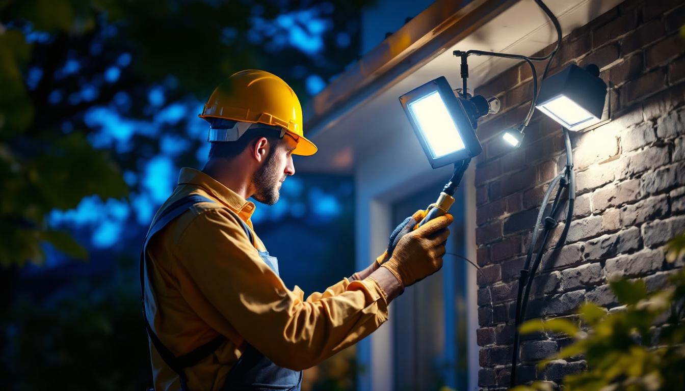 A photograph of a lighting contractor expertly installing outdoor flood light fixtures in a residential or commercial setting