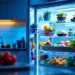 A photograph of a well-lit kitchen scene featuring a refrigerator with an illuminated led light strip inside