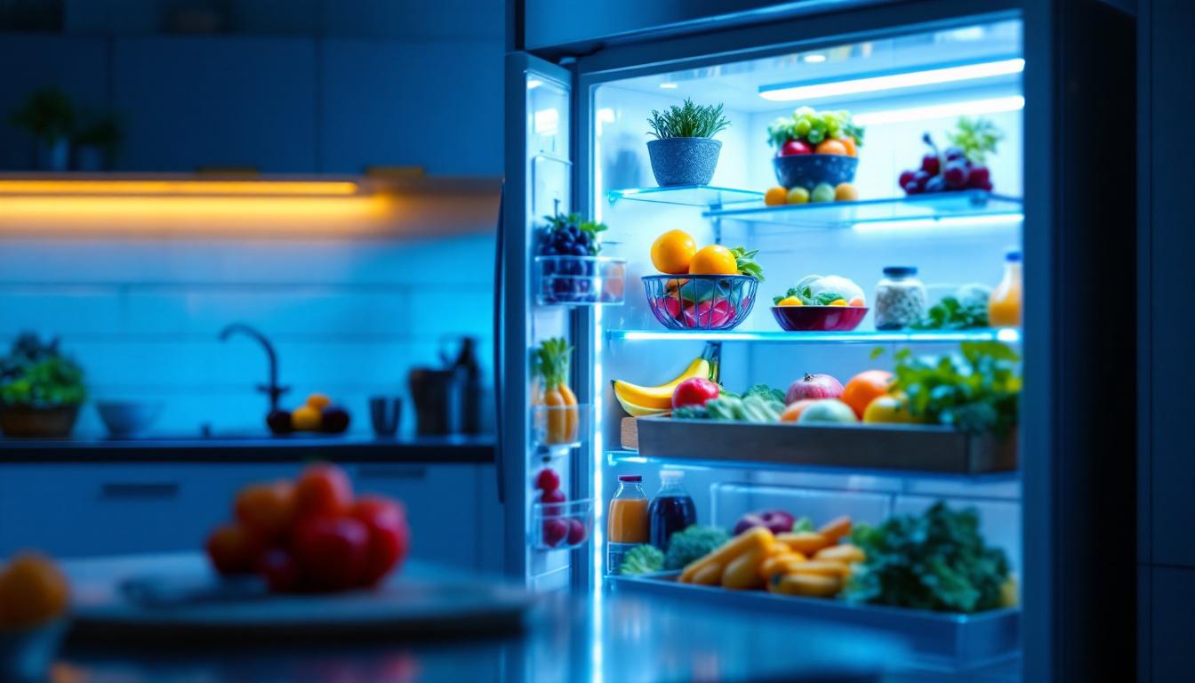 A photograph of a well-lit kitchen scene featuring a refrigerator with an illuminated led light strip inside