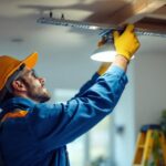 A photograph of a lighting contractor expertly installing a ceiling light mounting bracket extension in a well-lit room