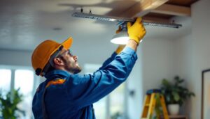 A photograph of a lighting contractor expertly installing a ceiling light mounting bracket extension in a well-lit room