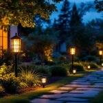 A photograph of a beautifully illuminated outdoor space featuring solar up lights in action