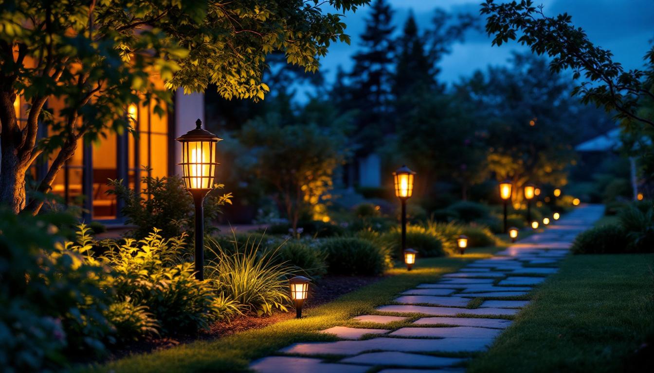 A photograph of a beautifully illuminated outdoor space featuring solar up lights in action