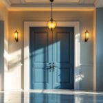 A photograph of a beautifully designed front door area featuring an elegant ceiling light fixture