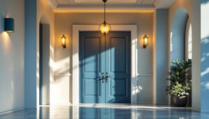 A photograph of a beautifully designed front door area featuring an elegant ceiling light fixture