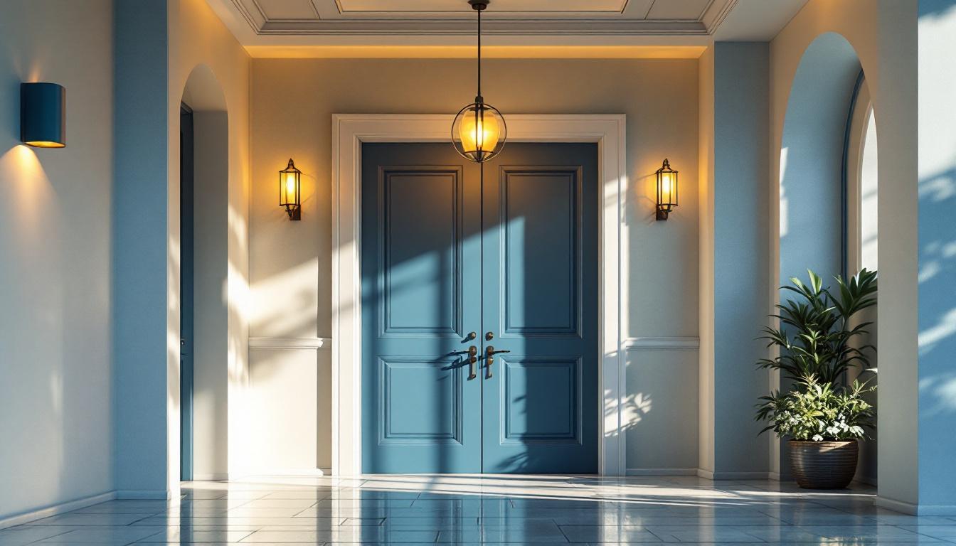 A photograph of a beautifully designed front door area featuring an elegant ceiling light fixture