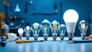 A photograph of a variety of light bulbs with different base sizes displayed together on a clean