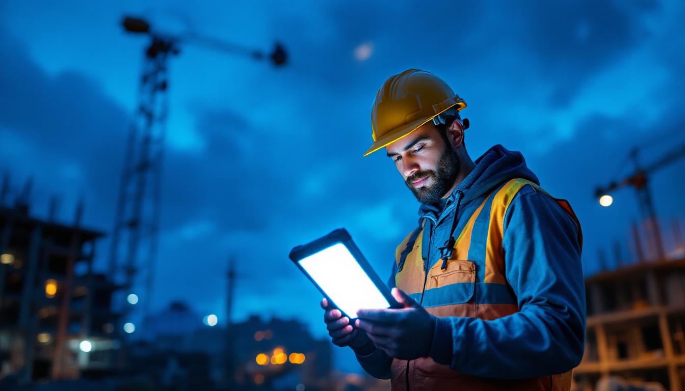 A photograph of a construction site at dusk
