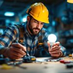 A photograph of a lighting contractor examining an a19 bulb in a well-lit workspace