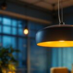 A photograph of a large round hanging light fixture elegantly illuminated in a stylish interior setting