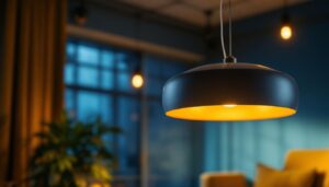 A photograph of a large round hanging light fixture elegantly illuminated in a stylish interior setting