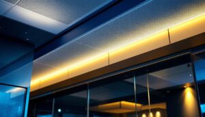 A photograph of a well-designed dropped ceiling soffit with integrated lighting