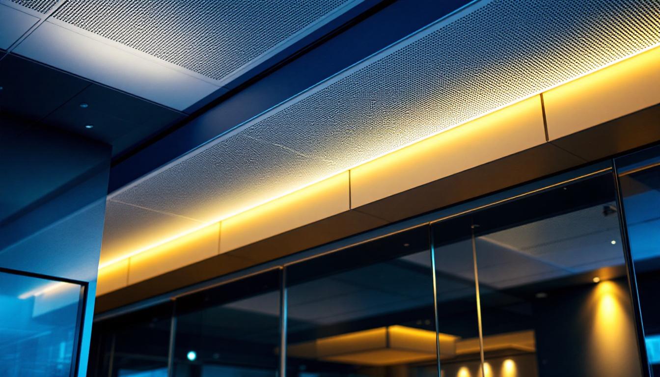 A photograph of a well-designed dropped ceiling soffit with integrated lighting