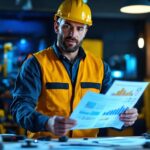 A photograph of a lighting contractor confidently presenting a detailed project proposal to a client