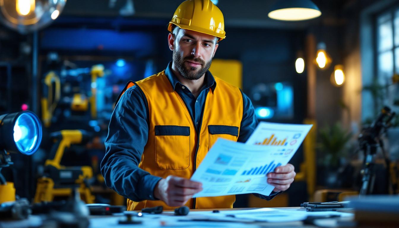 A photograph of a lighting contractor confidently presenting a detailed project proposal to a client