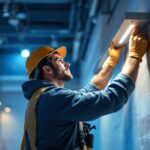 A photograph of a skilled lighting contractor installing surface-mounted lighting fixtures in a modern interior space