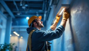 A photograph of a skilled lighting contractor installing surface-mounted lighting fixtures in a modern interior space