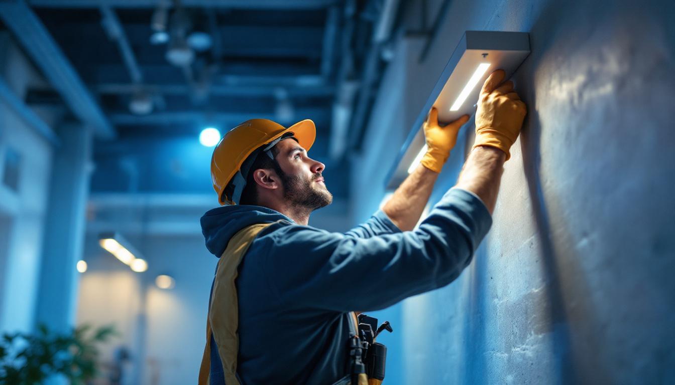 A photograph of a skilled lighting contractor installing surface-mounted lighting fixtures in a modern interior space