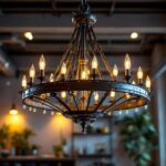 A photograph of a stunning large industrial chandelier elegantly suspended in a well-lit