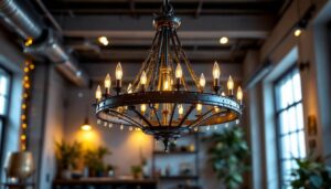 A photograph of a stunning large industrial chandelier elegantly suspended in a well-lit