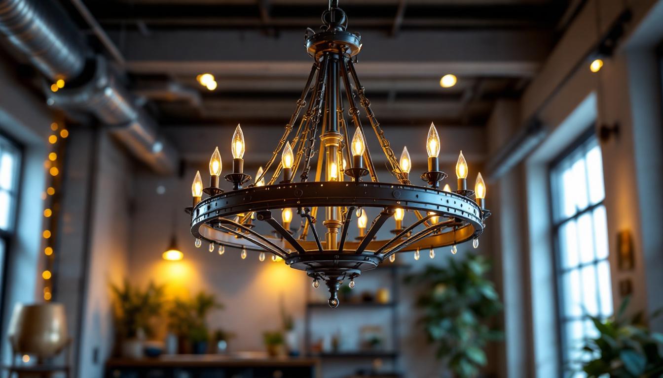 A photograph of a stunning large industrial chandelier elegantly suspended in a well-lit