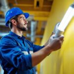 A photograph of a lighting contractor installing or examining an 8ft t8 lamp in a commercial space