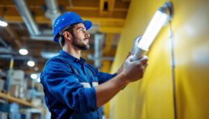 A photograph of a lighting contractor installing or examining an 8ft t8 lamp in a commercial space