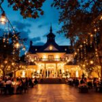 A photograph of a beautifully lit wedding venue at dusk