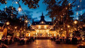 A photograph of a beautifully lit wedding venue at dusk
