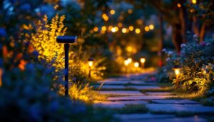 A photograph of a beautifully arranged outdoor scene featuring various small solar-powered lights illuminating a garden pathway at dusk