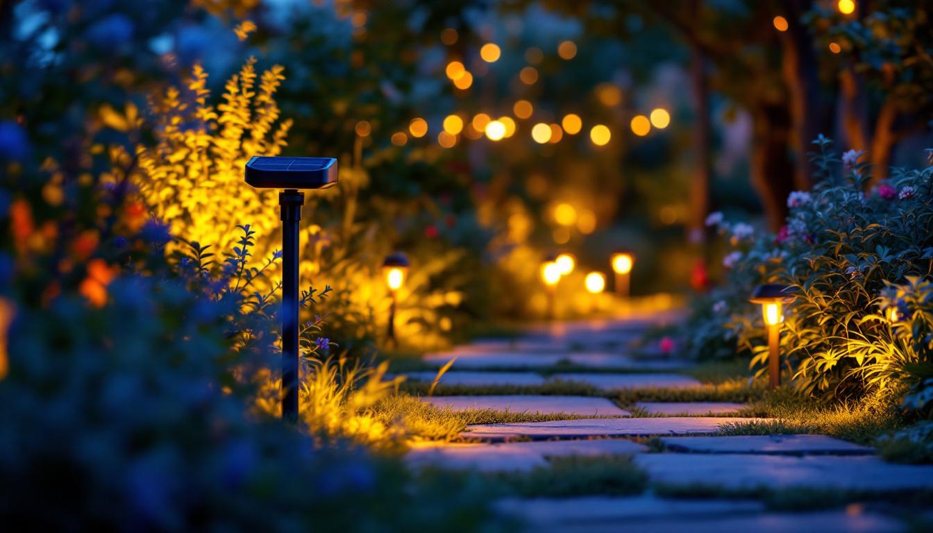 A photograph of a beautifully arranged outdoor scene featuring various small solar-powered lights illuminating a garden pathway at dusk