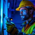 A photograph of a skilled lighting contractor using a handheld uv light in a dimly lit environment