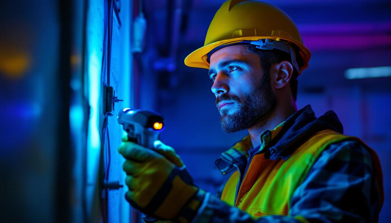 A photograph of a skilled lighting contractor using a handheld uv light in a dimly lit environment