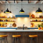 A photograph of a beautifully designed kitchen featuring a variety of overhead lighting options