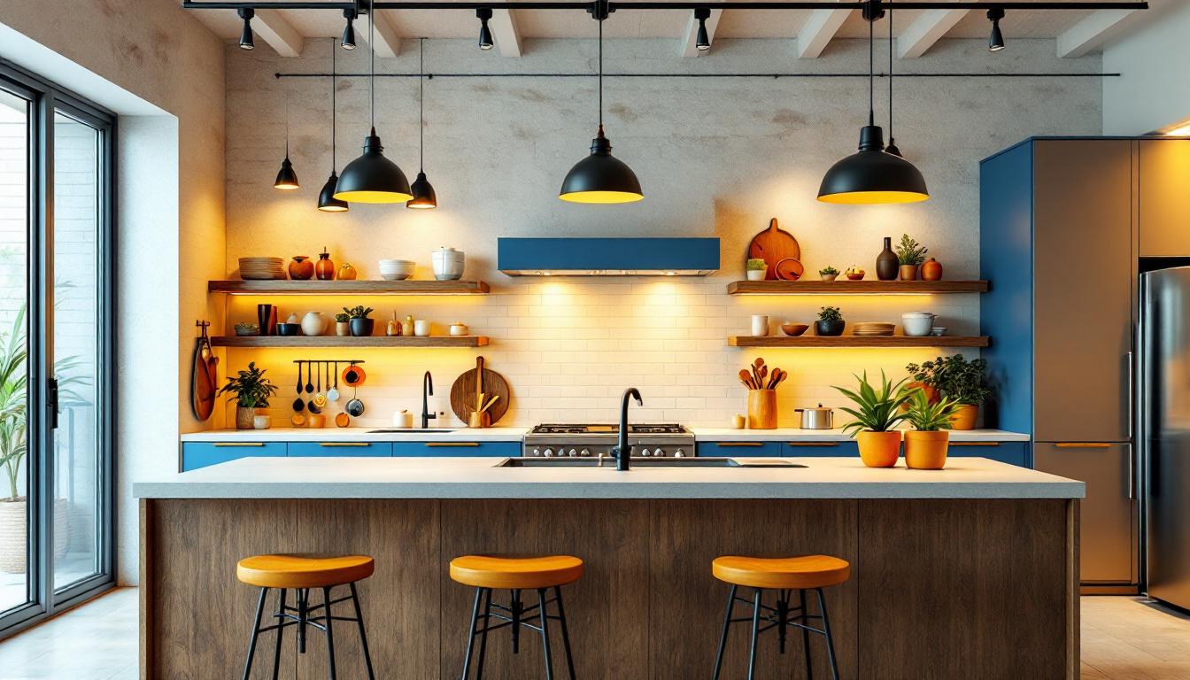 A photograph of a beautifully designed kitchen featuring a variety of overhead lighting options