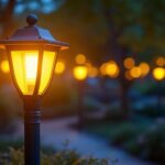 A photograph of a beautifully illuminated garden light post in an outdoor setting
