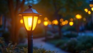 A photograph of a beautifully illuminated garden light post in an outdoor setting