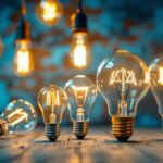 A photograph of a beautifully arranged display of vintage-style led light bulbs in various shapes and sizes