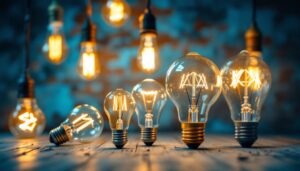 A photograph of a beautifully arranged display of vintage-style led light bulbs in various shapes and sizes
