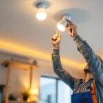 A photograph of a lighting contractor expertly installing gu24 light fixtures in a modern residential setting