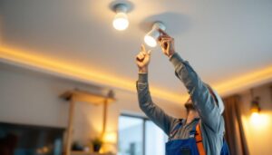 A photograph of a lighting contractor expertly installing gu24 light fixtures in a modern residential setting