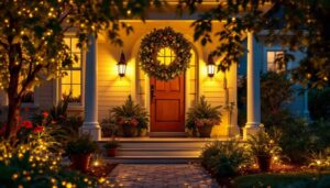 A photograph of a beautifully illuminated front porch featuring stylish can lights