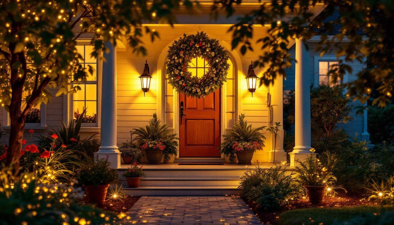 A photograph of a beautifully illuminated front porch featuring stylish can lights