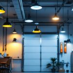 A photograph of a well-lit garage interior showcasing a variety of stylish and functional light fixtures