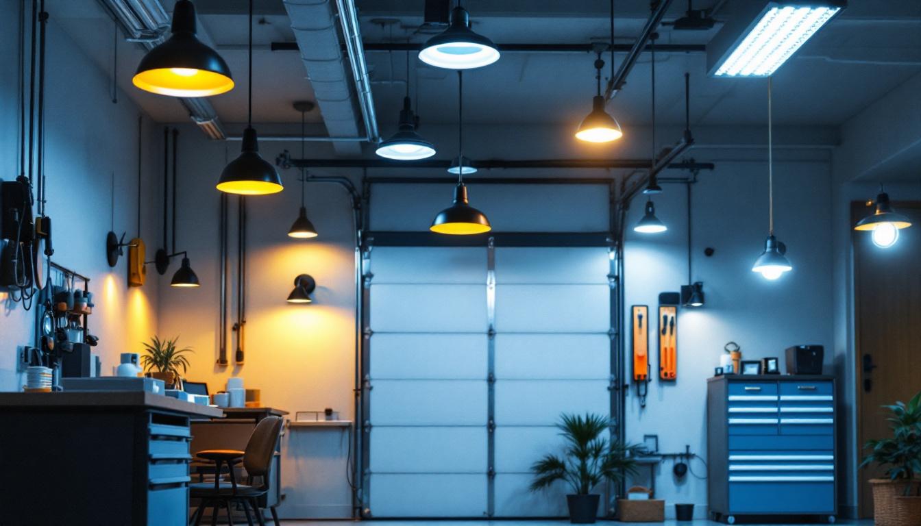 A photograph of a well-lit garage interior showcasing a variety of stylish and functional light fixtures
