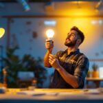 A photograph of a brightly lit workspace featuring a 1600 lumen led bulb in use