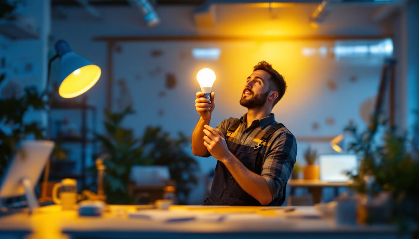 A photograph of a brightly lit workspace featuring a 1600 lumen led bulb in use