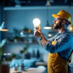 A photograph of a lighting contractor adjusting a dimmable fluorescent bulb in a modern workspace