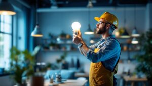 A photograph of a lighting contractor adjusting a dimmable fluorescent bulb in a modern workspace