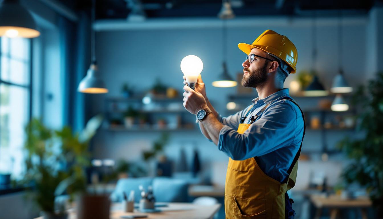 A photograph of a lighting contractor adjusting a dimmable fluorescent bulb in a modern workspace